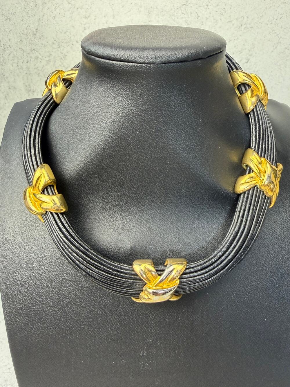 Vintage Ron Rizzo RRD 90s black and goldtone x sculptural necklace cross edgy